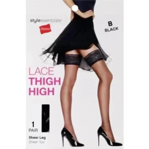 Style Essentials by Hanes Lace Thigh High Sheer Leg, Black, B - Picture 1 of 2
